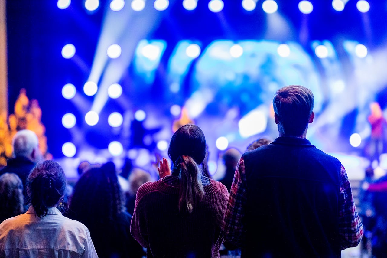 Vibrant audience enjoying a live concert with colorful stage lights and performers.