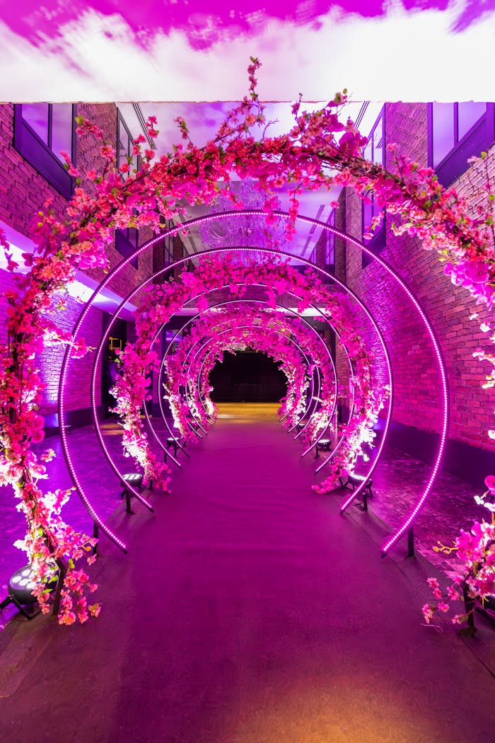 our-story Stunning floral archway with pink lights creates an enchanting atmosphere
